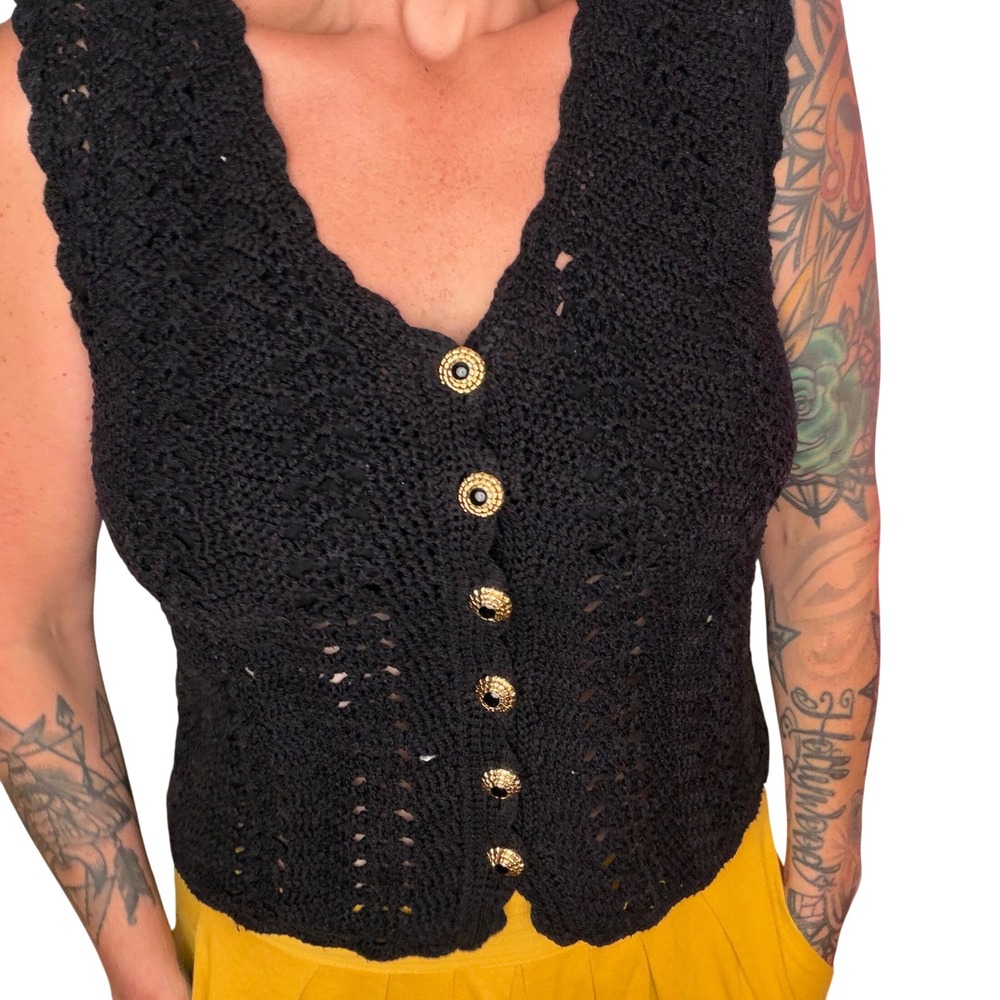 Vintage Crochet Vest Black Handmade Gold Buttons Boho Dark Academia Size S/M